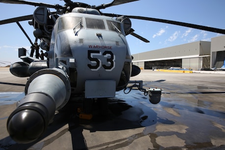 A CH-53E Super Stallion with Marine Heavy Helicopter Squadron 465 "Warhorses" dries in the sun after being washed aboard Marine Corps Air Station Miramar, Calif., Aug. 20. The Warhorses deployed five aircraft to Colorado Springs during a deployment for training in order to break the squadron's Marines and pilots out of their comfort zones and normal flight patterns.