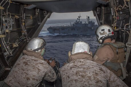 Sergeant Miguel A. Lopez (left), the 27-year-old Military Information Support Operations team leader and a native of Santa Anna, Calif., and Sgt. Wesly T. Weber (right), the 25-year-old MISO non-commissioned officer in charge and a native of Rochester, N.Y., both with the Command Element, 31st Marine Expeditionary Unit, test a Long Range Acoustic Device 100x from the inside of an MV-22 Osprey with Marine Medium Tiltrotor Squadron 265 (Reinforced), 31st MEU, here, Sept. 17. The team tested the device to ensure it could be operated effectively over the noise of the Osprey. Two LRAD devices were tethered together in order to boost the volume and compensate for the surrounding aircraft noise. The LRAD met expectations by providing a crisp, clear message over the sound of the aircraft’s rotors from more than 500 meters away. The 31st MEU is currently conducting their regularly scheduled Fall Patrol. The 31st MEU is the Marine Corps’ force in readiness for the Asia-Pacific region and is the only continuously forward-deployed MEU. 