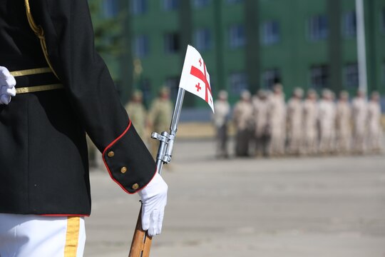 Georgian soldiers and U.S. Marines stand in formation during a departure ceremony held at the Vaziani Training Area Sept. 19, 2013. Having completed six months of training, the 31st and Batumi battalions will now deploy to the Helmand Province of Afghanistan where they have been fighting shoulder to shoulder with U.S. Marines since 2009. The training is officially known as the Georgian Deployment Program – ISAF and this marks the 10th and 11th rotations of Georgian soldiers who have trained under the program.