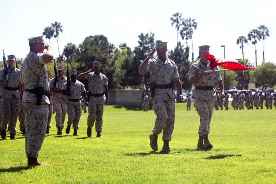 Colonel Erik B. Kraft, regimental commanding officer, Headquarters Regiment, 1st Marine Logistics Group, addresses the audience during a ceremony re-designating Combat Logistics Regiment 17 as HQ Reg. aboard Camp Pendleton, Calif., March 31, 2014. The re-designation took place on the eighth anniversary of CLR-17’s beginning in 2006.
