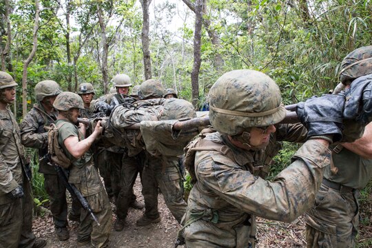 Marines lift a mock casualty using a field-expedient stretcher during an endurance course April 17 at the Jungle Warfare Training Center on Camp Gonsalves. By this point in the course, the Marines carried the casualty close to a mile over steep hills and harsh jungle terrain, according to Maj. Tim Kao. The Marines are with various units assigned to Combat Assault Battalion, 3rd Marine Division, III Marine Expeditionary Force. Kao is the camp commander for Camp Gonsalves, Marine Corps Base Camp Smedley D. Butler, Marine Corps Installations Pacific. (U.S. Marine Corps photo by Cpl. Stephen D. Himes/Released)