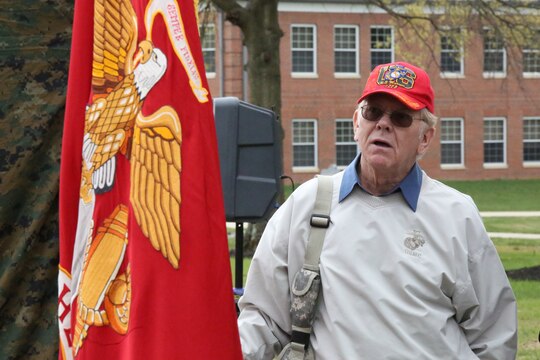 Donnie Shearer, retired gunnery sergeant and photographer, looks at the 6-67 Memorial at The Basic School on April 25, 2014. Shearer took the photo that was used on the memorial. 