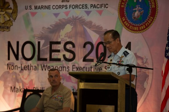 MAKATI CITY, Manila, Philippines – Philippine Lt. Gen. Virgilio Domingo, Deputy Chief of Staff of the Armed Forces of the Philippines gives final remarks at the closing ceremony of Non-lethal Weapons Executive Seminar (NOLES) 2014, August 16. NOLES is an annual field-training exercise and leadership seminar sponsored by U.S. Marine Corps Forces Pacific, and hosted by various nations throughout the Asia-Pacific. This is the 13th iteration of NOLES with members from the AFP, and Philippine National Police participating. (U.S. Marine Corps photo by Cpl. Erik Estrada)