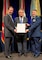 Col. John Cinnamon (right), the 71st Operations Group commander, and Ken Myers (left), the Defense Threat Reduction Agency director, accept a Joint Meritorious Unit Award from Secretary of Defense Chuck Hagel, during a ceremony at the Pentagon Nov. 12. Cinnamon was the chief of plans for DTRA from June 2012 to June 2014 before he joined Team Vance.  (U.S. Air Force photo/MSgt. Adrian Cadiz)