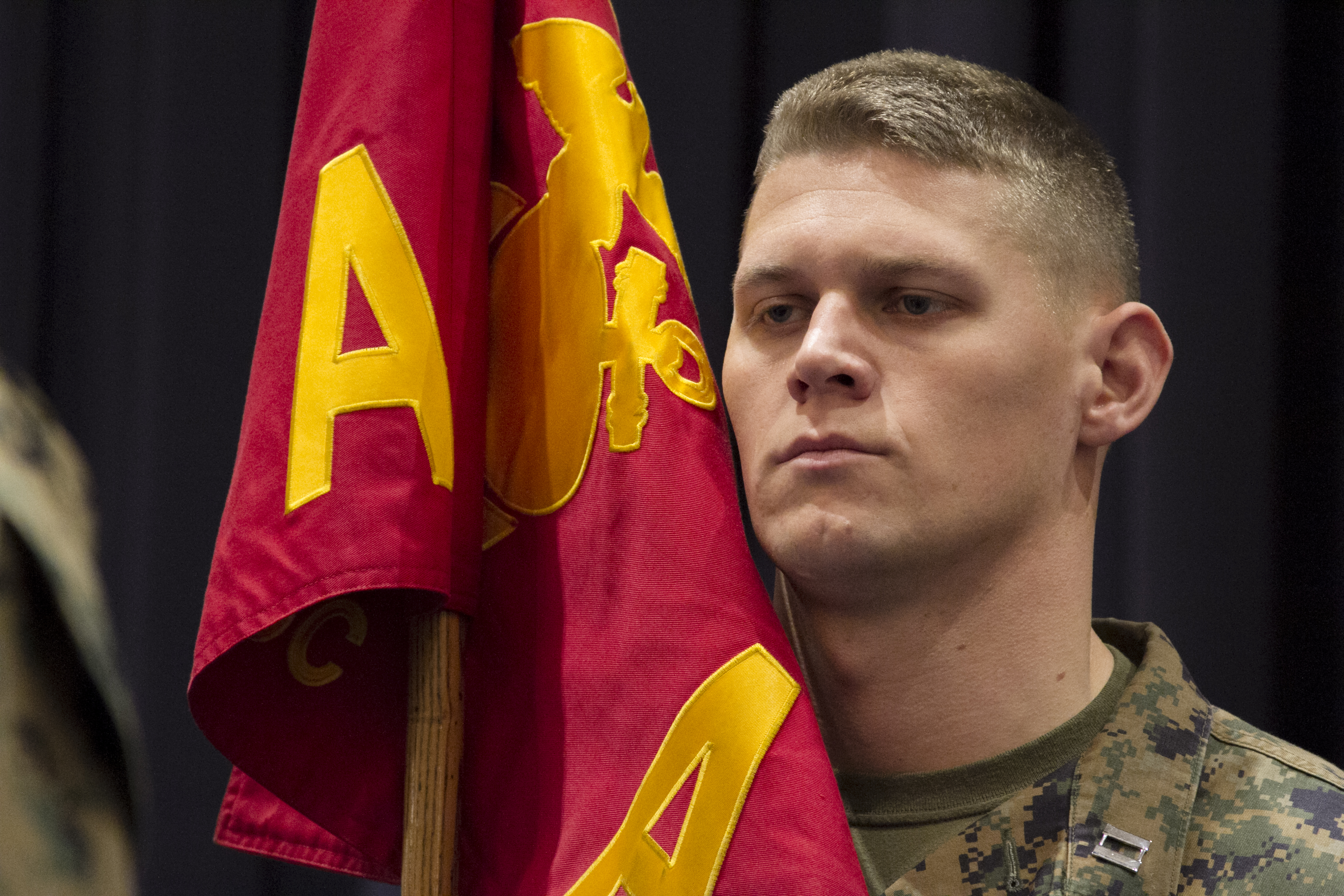 <b>Tyler Tidwell</b> stands at attention after receiving Company A&#39;s guidon during ... - 141208-M-DM345-009