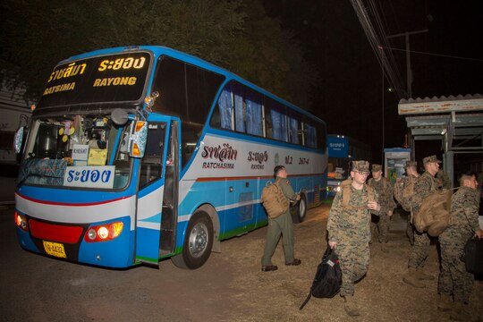 Marines and sailors arrive at Wing One Royal Thai Air Force Base, Nakhon Ratchasima, Kingdom of Thailand, Feb. 1 for Exercise Cobra Gold 2014. CG 14 is a joint, multinational exercise conducted annually in the Kingdom of Thailand to increase readiness and interoperability of the Thai, U.S. and other fully participating military forces. The service members are with Marine Aircraft Group 12, 1st Marine Aircraft Group, III Marine Expeditionary Force.