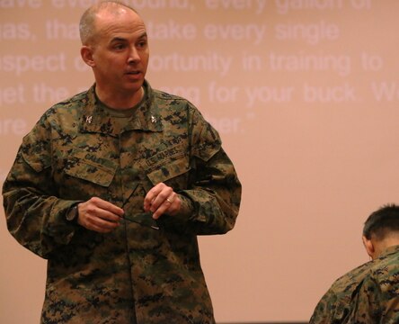 CAMP PENDLETON, Calif.-- Col. James C. Caley speaks about the importance of energy conservation at the Pacific Views Event Center during the assisant secretary of the Navy's visit to Camp Pendleton Feb.14. 

The Assistant Secretary of the Navy-Energy, Installations and Environment, Dennis McGinn, visited Camp Pendleton to view the energy projects on base and to speak about energy goals for the future. 

“If nothing else, I want to leave you with an appreciation for how absolutely essential and inexplicably tied our mission readiness is to the kinds of energy we have and how we use it,” said McGinn. 

Caley is a logistian with Headquarters Marine Corps.