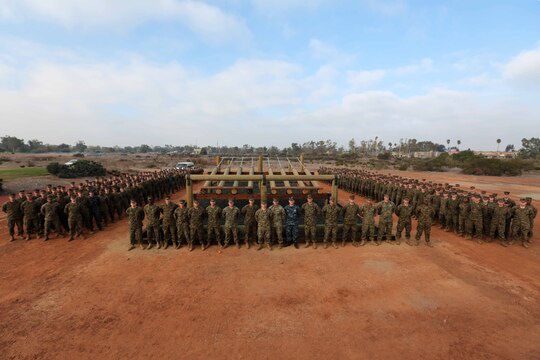 Two hundred seventy-one corporals from the 3rd Marine Aircraft Wing and Marine Corps Air Station Miramar, Calif., participating in the Corporals’ Committed and Engaged Leadership Indoctrination course, pose for a photo by the newly constructed obstacle course aboard Marine Corps Air Station Miramar, Calif., Jan. 9. The committed and engaged leadership of two noncommissioned officers with Marine Tactical Air Command Squadron 38, Sgt. Mark Sanchez, a tactical data systems administrator and Sgt. Mark Willoughby, an air intercept controller, helped to influence the decision to build the obstacle course. (Photo courtesy: Lance Cpl Allison Herman, 3rd MAW Combat Camera)
