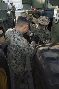 PFC Armando Martinez, left, and PFC Maigyne Edge perform maintenance on a Tractor, rubber tired, Articulated steering, Multi-purpose vehicle (TRAM) aboard Marine Corps Air Station Iwakuni, Japan, Jan. 15, 2014, in preparation to participate in Exercise Cobra Gold.  Martinez and Edge are heavy equipment operators with MWSS-171. Exercise Cobra Gold is a multinational joint exercise conducted annually in Thailand and is comprised of forces from participating nations including: Thailand, Singapore, Indonesia, Japan, South Korea, Malaysia and the United States. China will also participate in the exercise as an observing nation.