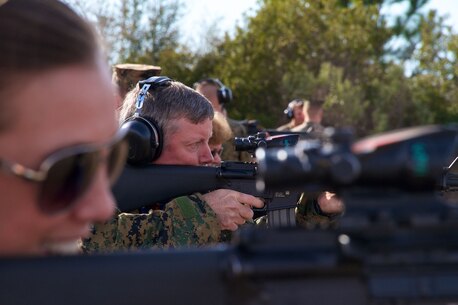 Sean Gallagan, the Principal of George T. Baker High School in Miami, fires an M16A4 Carbine during a visit to Marine Corps Recruit Depot Parris Island, S.C., Jan. 15, 2014. Each year, hundreds of high school educators participate in the Marine Corps’ Educator’s Workshop to get a deeper understanding of how the Corps makes Marines. 