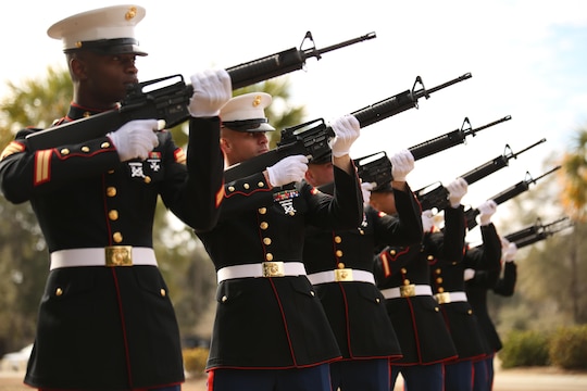 Marines from Marine Corps Recruit Depot Parris Island’s rifle salute detail, perform a rifle salute at the funeral of Medal of Honor recipient John James McGinty III, on Jan. 23, 2014, at Beaufort National Cemetery in Beaufort, S.C. McGinty, a decorated Vietnam War hero and Parris Island veteran, died Jan. 17, 2014, in his home in Beaufort at the age of 73.
