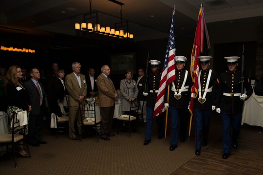 The Security Battalion Color Guard kick off this year’s Camp Pendleton Armed Forces YMCA Board Installation and Volunteer Recognition Dinner by marching on the colors at the Pacific Views Event Center, Jan 24. The dinner honors Pendleton’s volunteers, and awards civilian and military volunteer of the year, and volunteer unit of the year.