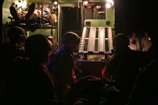 Marines and sailors with Combat Logistics Battalion 1, Combat Logistics Regiment 1, 1st Marine Logistics Group, load a simulated casualty into an ambulance Humvee during the Marine Readiness Exercise aboard Marine Corps Air Ground Combat Center Twenty-nine Palms, Calif., March 25, 2014. The MRX is part of the month-long Integrated Training Exercise 3-14 that prepares the battalion for its role, as the logistics combat element, in the final combat deployment in support of Operation Enduring Freedom. 
