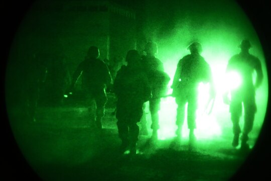 Marines and sailors with Combat Logistics Battalion 1, Combat Logistics Regiment 1, 1st Marine Logistics Group, evacuate a simulated casualty after a simulated improvised explosive device attack during the Marine Readiness Exercise aboard Marine Corps Air Ground Combat Center Twenty-nine Palms, Calif., March 25, 2014. The MRX is part of the month-long Integrated Training Exercise 3-14 that prepares the battalion for its role, as the logistics combat element, in the final combat deployment in support of Operation Enduring Freedom. 