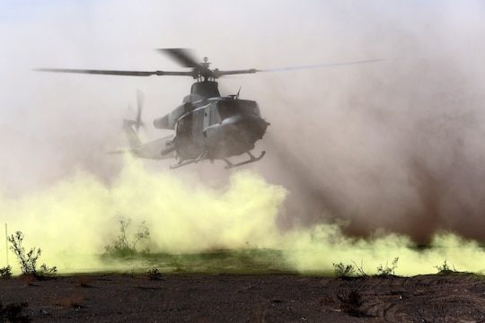A UH-1Y Huey lands to extract simulated casualties when Marines with Combat Logistics Battalion 1, Combat Logistics Regiment 1, 1st Marine Logistics Group, conducted the Marine Readiness Exercise aboard Marine Corps Air Ground Combat Center Twenty-nine Palms, Calif., March 26, 2014. The MRX is part of the month-long Integrated Training Exercise 3-14 that prepares the battalion for its role as the logistics combat element in the final combat deployment in support of Operation Enduring Freedom.