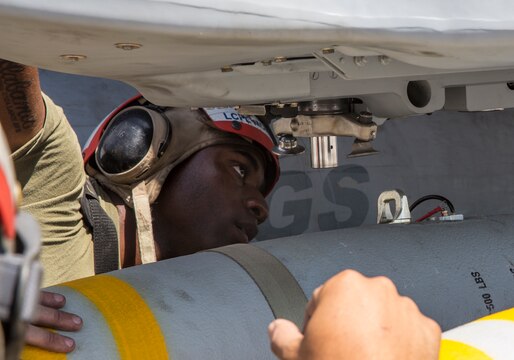 Lance Cpl. James McNeil, an aviation ordnance Marine with Marine All-Weather Fighter Attack Squadron (VMFA(AW)) 225 “Vikings,” watches as ordnance Marines load a MK-82 low-drag bomb on an F/A-18 Hornet during high-explosive ordnance loading training at the combat aircraft loading area aboard Marine Corps Air Station Miramar, Calif., July 29. The ordnance Marines also loaded the aircraft with LAU-10 rockets during the training.  