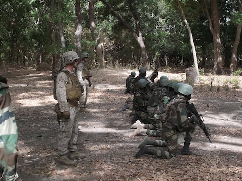 Senegalese Commandos execute fire and movement during a field exercise in Toubacouta, Senegal, April 17, 2014. A group of U.S. Marines from Special-Purpose Marine Air-Ground Task Force Africa 14, from 3rd Battalion, 8th Marine Regiment, partnered with Senegalese Commandos from the Compagnie Fusilier de Marine Commandos, or COFUMACO, to enable a cadre of their own to conduct training in infantry and amphibious tactics for the rest of their company.