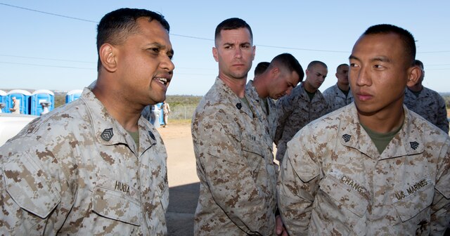 Gunnery Sgt. Mohammed Huda, mentor for the three-day Committed and Engaged Leadership Indoctrination Course, offers his thoughts on the course aboard Marine Corps Air Station Miramar, Calif., June 3-5. Maj. Gen. Steven Busby, 3rd MAW commanding general, implemented the course to teach new noncommissioned officers about the responsibilities that come with the promotion to corporal.