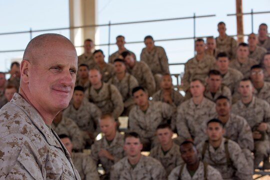 Maj. Gen. Steven Busby, 3rd Marine Aircraft Wing commanding general, answers questions during the question and answer portion of a three-day Committed and Engaged Leadership Indoctrination Course aboard Marine Corps Air Station Miramar, Calif., June 3-5. Busby implemented the course to teach new noncommissioned officers about the responsibilities that come with the promotion to corporal.