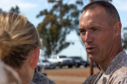 Sgt. Maj. Patrick Kimble, 3rd Marine Aircraft Wing sergeant major, speaks to mentors with a three-day Committed and Engaged Leadership Indoctrination Course aboard Marine Corps Air Station Miramar, Calif., June 3-5. Kimble answered questions and received ideas and thoughts from the mentors on the course for the future.