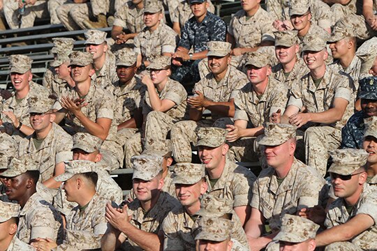 Marines and Sailors cheer on the San Diego Chargers cheerleaders following their performance at an evening colors ceremony aboard Marine Corps Air Station Miramar, Calif., June 10. The ceremony recognized the San Diego Chargers for their service to military members in surrounding communities. The event featured 3rd Marine Aircraft Wing and MCAS Miramar noncommissioned officers as part of the Committed and Engaged Leadership initiative, originated by Maj. Gen. Steven Busby, 3rd MAW commanding general.
