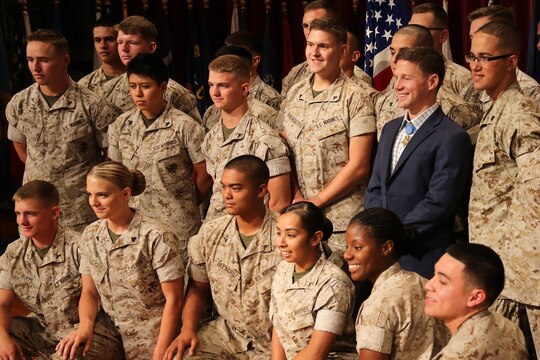 Medal of Honor recipient Cpl. William “Kyle” Carpenter visited Marines on Camp Pendleton, June 23. Carpenter met and talked with Marines at the base theater, answering their questions and sharing his personal experience. Carpenter then met and took photos with units from across Camp Pendleton. 

Carpenter received the Medal of Honor during a ceremony at the White House on June 19, 2014 for his courageous actions while serving as an automatic rifleman in Helmand province, Afghanistan on Nov. 21, 2010. 

For more information about Cpl. Kyle Carpenter please visit http://www.marines.mil/moh/medalofhonor.aspx
