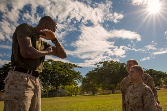 Cpl. Davon Thomas, left, a Marine Corps Martial Arts Program instructor with Marine All-Weather Fighter Attack Squadron 242, explains a figure-four chokehold to his students during Exercise Southern Frontier 2014 aboard Royal Australian Air Force Base Tindal, Australia, June 18. As part of SF14 Marines hosted an integrated MCMAP course open for service members participating in the exercise. 