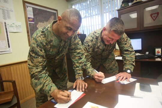 Sergeant Maj. Bernard C. Coleman, left, sergeant major, Combat Logistics Regiment 15, and Col. Tracy W. King, commanding officer, CLR-15, 1st Marine Logistics Group, donate money to the Navy and Marine Corps Relief Society aboard Marine Corps Base Camp Pendleton, Calif., Feb. 27, 2014. The NMCRS provides grants and zero-interest loans to Marines in need allowing them to focus on their jobs and alleviate the financial stress they may face at home.
