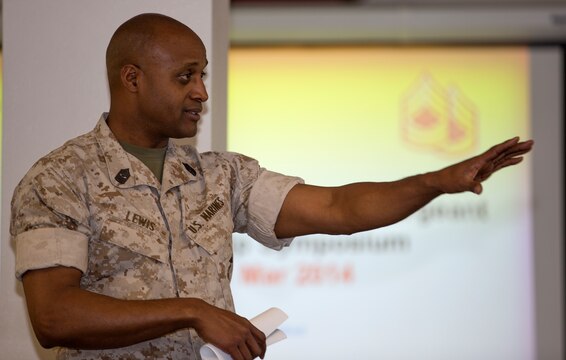 Sgt. Maj. Paron Lewis, Marine Aircraft Group 11 sergeant major, speaks to participants during the Master Sergeant – Gunnery Sergeant Committed and Engaged Leadership Symposium aboard Marine Corps Air Station Miramar, Calif., March 19 – 21. Lewis led the symposium and discussions, and challenged participants to look within themselves and to each other for answers.