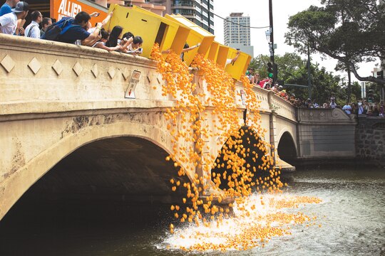 Volunteers empty boxes of rubber duckies into the Ala Wai Canal, in Honolulu, during the United Cerebral Palsy Association of Hawaii’s 27th Annual Great Hawaiian Rubber Duckie Race, March 21, 2014. While the majority of 3rd Battalion, 3rd Marine Regiment Marines train at the Mountain Warfare Training Center, in Bridgeport, Calif., Marines in the remain-behind element filled Ala Wai Canal with rubber duckies to support the annual event, which raises money to help people who have cerebral palsy. (U.S. Marine Corps photo by Lance Cpl. Matthew Bragg)