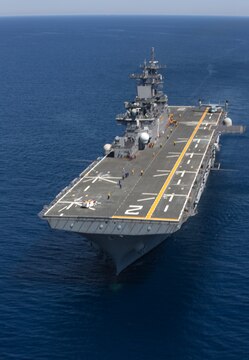 The USS Essex sails through the ocean off the California coast during field carrier landing practices with Marine Medium Tiltrotor Squadron (VMM) 161, May 15. VMM-161 provided two MV-22B Ospreys to help maintain pilots’ landing qualifications, all the while helping the Essex’s crew earn new qualifications.
