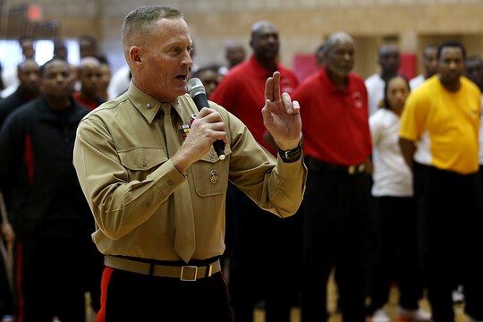 Brig. Gen. Edward Banta speaks at the opening ceremony of the Armed Forces Basketball Championship at the Paige Fieldhouse, Nov. 7. The championship consists of a men and womens team from each of the four branches. The tournament is from Nov. 7-13 and the best players from the tournament will be selected to play on the All-Armed Forces Team in December in Belgium.

Banta is the Commanding General of Marine Corps Installations West-Marine Corps Base Camp Pendleton.