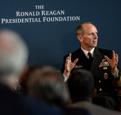 Chief of Naval Operations Adm. Jonathan W. Greenert speaks at the Reagan National Defense Forum at The Ronald Reagan Presidential Library in Simi Valley, Calif. The Reagan National Defense Forum brings together leaders and key stakeholders in the defense community -- including members of Congress, civilian officials and military leaders from the Defense Department and industry -- to address the health of U.S. national defense and stimulate discussions that promote policies that strengthen the U.S. military in the future. DoD photo by Kevin O'Brien