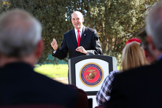 Derek Donovan gives remarks during a groundbreaking ceremony held, Nov. 18., by Camp Pendleton, together with the Fisher House Foundation and United Health Foundation to celebrate the construction of a new Fisher House here.
 Donovan is the vice president of programs and community relations for the Fisher House Foundation.