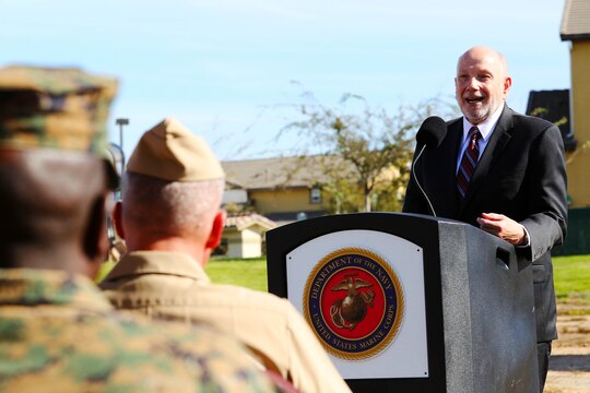 David Coker gives remarks during a groundbreaking ceremony held, Nov. 18., by Camp Pendleton, together with the Fisher House Foundation and United Health Foundation to celebrate the construction of a new Fisher House here.
Coker is the president of the Fisher House Foundation.