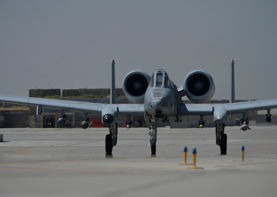 U.S. Air Force Maj. Vincent Sherer, 455th Air Expeditionary Wing pilot, taxis an A-10 Thunderbolt II aircraft at Bagram Airfield, Afghanistan Aug. 5, 2014.  The A-10 is a specialized ground-attack aircraft which provides close air support to ground forces operating in Afghanistan.  Sherer is deployed from Davis-Monthan Air Force Base, Ariz. and a native of Portland, Ore. (U.S. Air Force photo by Staff Sgt. Evelyn Chavez/Released)