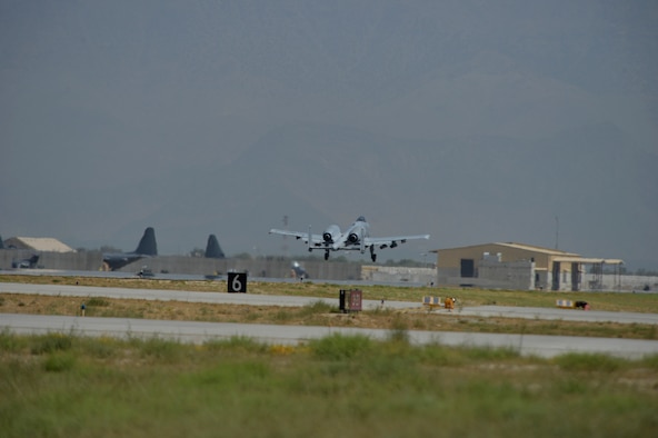 U.S. Air Force Maj. Vincent Sherer, 455th Air Expeditionary Wing pilot takes off in an A-10 Thunderbolt II aircraft at Bagram Airfield, Afghanistan Aug. 5, 2014.  The A-10 is a specialized ground-attack aircraft which provides close air support to ground forces operating in Afghanistan.  Sherer is deployed from Davis-Monthan Air Force Base, Ariz. and a native of Portland, Ore. (U.S. Air Force photo by Staff Sgt. Evelyn Chavez/Released)