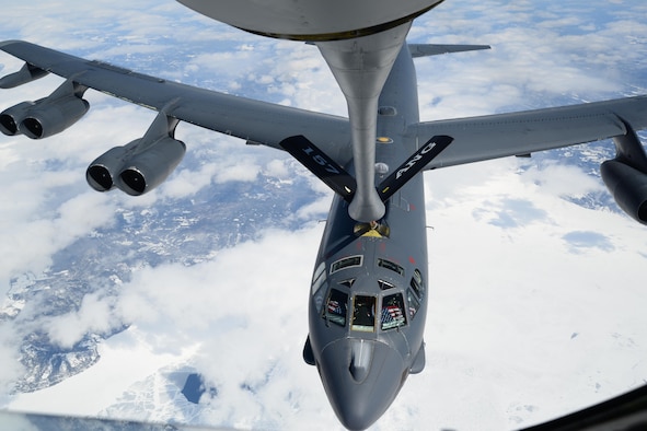 A B-52H Stratofortress from Barksdale Air Force Base, La., receives fuel from a New Hampshire Air National Guard KC-135R Stratotanker April 2, 2015, near the eastern coast of Canada. The B-52H was returning home after supporting Polar Growl, a U.S. Strategic Command-directed mission to the Arctic and North Sea regions. The mission was to provide a flexible and visible signal that highlights the U.S. ability to deter strategic attacks and respond to any potential future crisis or challenge. (Air National Guard photo/Airman Ashlyn J. Correia)