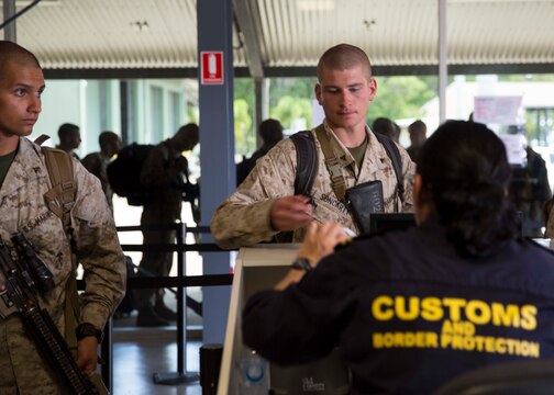 Lance Corporal Brandon Soncarty goes through Australian Customs and Border Protection upon arrival to Royal Australian Air Force Base Darwin, Darwin, Australia, April 14 to begin Marine Rotational Force - Darwin 2015. Twenty percent of the newly arrived Marines’ gear was inspected by the biosecurity officers with the Australian Department of Agriculture for any foreign soil, plants or seeds. MRF-D is the deployment of U.S. Marines to Darwin and the Northern Territory for approximately six months at a time, where they will conduct exercises and training on a rotational basis with the Australian Defence Force. Soncarty, a Colfax, Wash., native, is a rifleman with Company B, 1st Battalion, 4th Marine Regiment, –MRF-D.