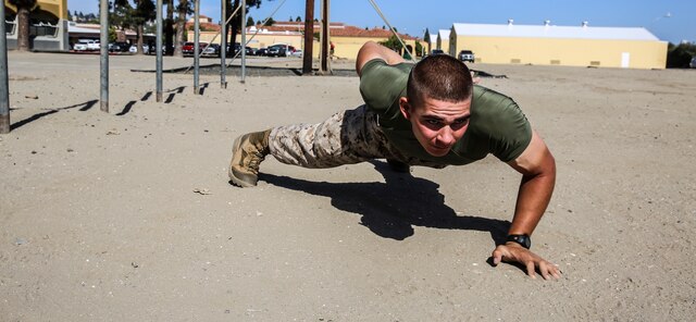 Private First Class Leo C. Menge, Delta Company, 1st Recruit Training Battalion, performs a one handed push up during a physical fitness session at Marine Corps Recruit Depot San Diego, Aug. 3. Following recruit training, Menge will move on to the School of Infantry in Camp Pendleton, Calif., where he will go through Marine Combat Training. Upon completion of MCT, he will pursue his military occupational specialty in military police. He plans on trying out for the USMC MMA Fight Team and competing with them as long as he can. Today, all males recruited from west of the Mississippi are trained at MCRD San Diego. The depot is responsible for training more than 16,000 recruits annually. Delta Company is scheduled to graduate Aug. 7.