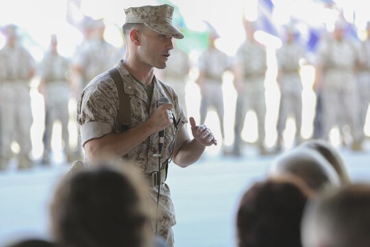 Incoming Marine Fighter Attack Squadron 121 commanding officer, Lt. Col. James Bardo, briefly addresses attendees of the squadron's change of command ceremony aboard Marine Corps Air Station Yuma, Arizona, Friday, August 14, 2015.  “I am excited for the opportunity to command these Marines and to command the first operational F-35 squadron," said Bardo.
