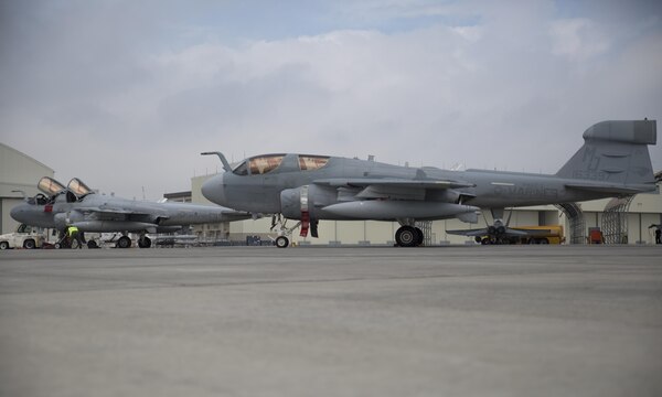 An EA-6B Prowler with Marine Tactical Electronic Warfare Squadron (VMAQ) 3, the “Moon Dogs,” arrives at Marine Corps Air Station Iwakuni, Japan, in support of the unit deployment program, Aug. 7, 2015.  VMAQ-3 intends to conclude this UDP trained; ready and equipped with the experience to support the Marine Corps’ mission in the Pacific.