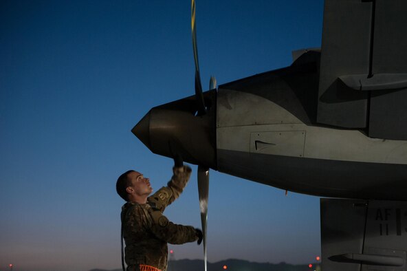 A U.S. Airman assigned to the 62nd Expeditionary Reconnaissance Squadron performs a post flight inspection on a MQ-9 Reaper aircraft at Kandahar Airfield, Afghanistan, Aug. 13, 2015.  The 62nd ERS operates the MQ-1B Predator and Reaper aircraft and provides world-class close air support, intelligence, surveillance and reconnaissance capabilities in Afghanistan. (U.S. Air Force photo by Tech. Sgt. Joseph Swafford/Released) 