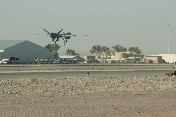 A U.S. Air Force MQ-9 Reaper aircraft assigned to the 62nd Expeditionary Reconnaissance Squadron takes off from Kandahar Airfield, Afghanistan, Aug. 14, 2015.  The 62nd ERS operates the MQ-1B Predator and Reaper aircraft and provides world-class close air support, intelligence, surveillance and reconnaissance capabilities in Afghanistan. (U.S. Air Force photo by Tech. Sgt. Joseph Swafford/Released)