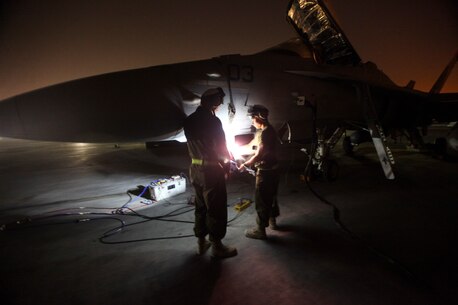 U.S. Marines with Marine Fighter Attack Squadron 232, Special Purpose Marine Air-Ground Task Force—Crisis Response—Central Command, perform maintenance on an F/A-18 Hornet in Southwest Asia June 9, 2015. Pilots of VMFA-232 support Combined Joint Task Force – Operation Inherent Resolve with a combination of surveillance flights and kinetic strike missions, enabling Iraqi Security Forces in their fight against the Islamic State of Iraq and the Levant. (U.S. Marine Corps Photo by Cpl. Leah Agler)