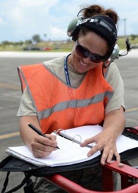 U.S. Air Force Master Sgt. Ronda Hedges, 131st Aircraft Maintenance Squadron dedicated crew chief deployed from Whiteman Air Force Base, Missouri, completes an Air Force form on the flightline at Andersen Air Force Base, Guam, Aug. 17, 2015. Maintainers use the form to identify maintenance discrepancies on a B-2 Spirit. (U.S. Air Force photo by Senior Airman Joseph A. Pagán Jr./Released)