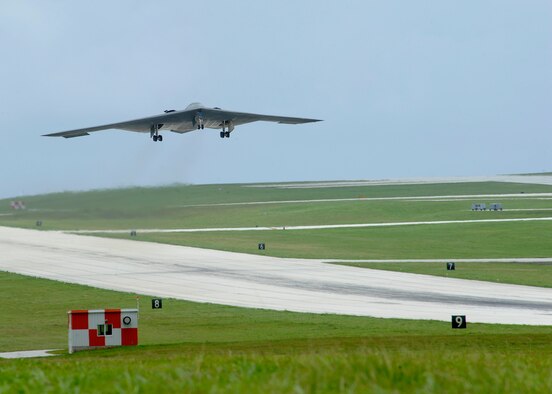 A U.S. Air Force B-2 Spirit from Whiteman Air Force Base, Missouri, departs the flightline at Andersen Air Force Base, Guam, Aug. 17, 2015. . Bomber deployments help maintain stability and security in the region, while allowing units to become familiar with operating in the Indo-Asia-Pacific region. (U.S. Air Force photo by Senior Airman Joseph A. Pagán Jr./Released)