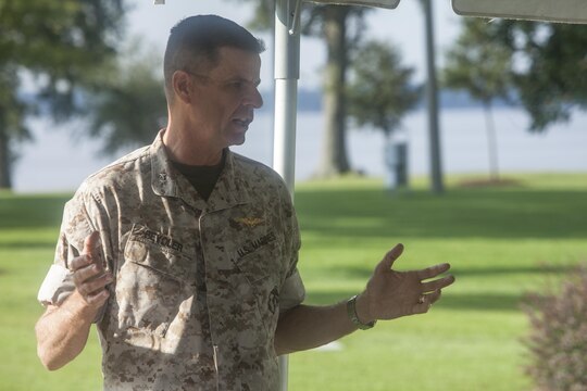 U.S. Marine Corps Maj. Gen. William D. Beydler, II Marine Expeditionary Force (II MEF) Commanding General, delivers his remarks on the Protect What You've Earned campaign on Camp Lejeune, N.C., Aug. 25, 2015. The campaign was created to encourage Marines to make the right decisions on and off duty. (U.S. Marine Corps photo by Lance Cpl. Sarah L. Blendowski, 2DMARDIV Combat Camera/Released)