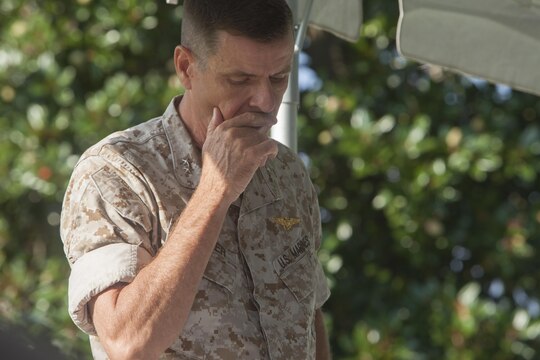 U.S. Marine Corps Maj. Gen. William D. Beydler, II Marine Expeditionary Force (II MEF) Commanding General, delivers his remarks on the Protect What You've Earned campaign on Camp Lejeune, N.C., Aug. 25, 2015. The campaign was created to encourage Marines to make the right decisions on and off duty. (U.S. Marine Corps photo by Lance Cpl. Sarah L. Blendowski, 2DMARDIV Combat Camera/Released)