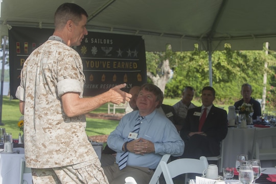 U.S. Marine Corps Maj. Gen. William D. Beydler, II Marine Expeditionary Force (II MEF) Commanding General, delivers his remarks on the Protect What You've Earned campaign on Camp Lejeune, N.C., Aug. 25, 2015. The campaign was created to encourage Marines to make the right decisions on and off duty. (U.S. Marine Corps photo by Lance Cpl. Sarah L. Blendowski, 2DMARDIV Combat Camera/Released)